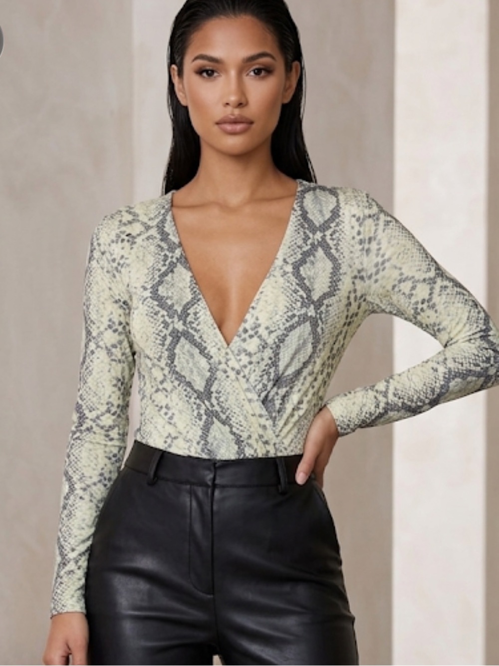 Fashion Nova Snake Print Bodysuit -‎ Green and Black